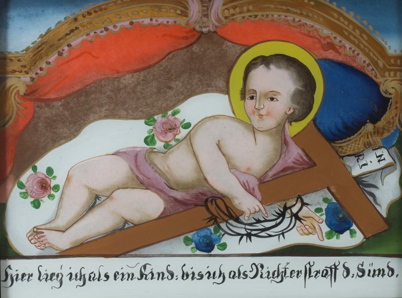 Liegender Jesusknabe oder Jesuskind mit den Leidenswerkzeugen, Alois o. Sebastian Gege, Seehausen, Mitte 19. Jh.